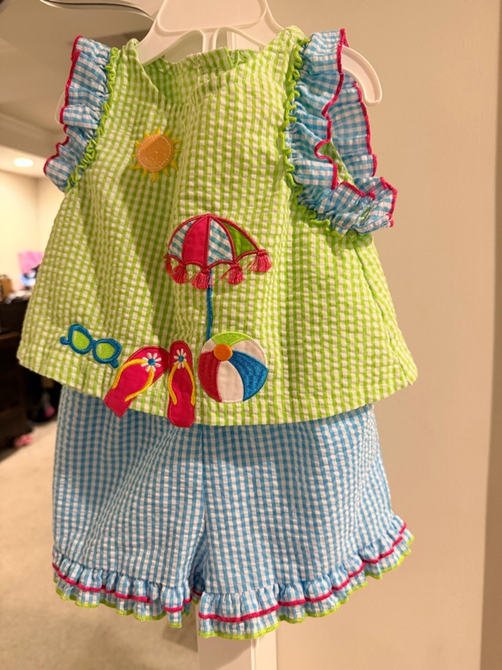 Rare Editions Lime Green & Light Blue Seersucker Beach Appliqué Matching Set